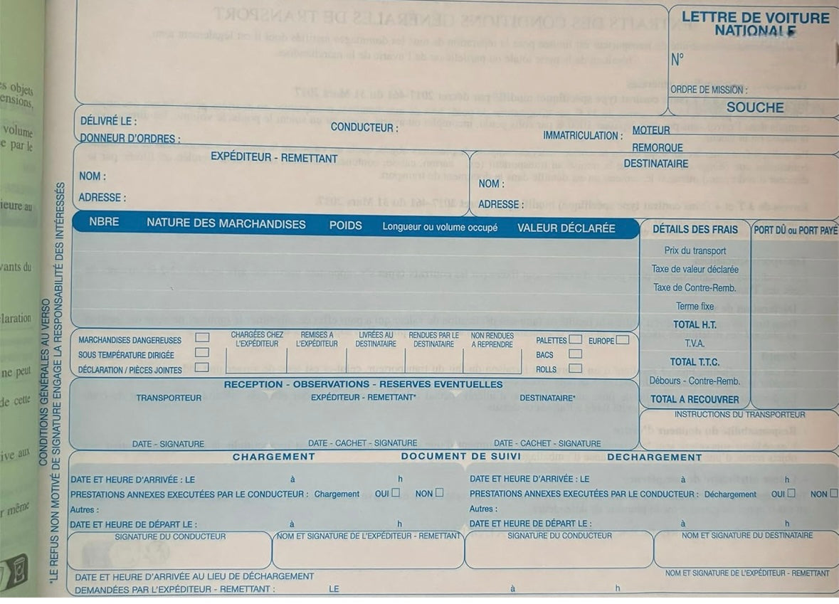 Lettre de Voiture Nationale Petit Format 25 x 4 Feuillets Autocopiants