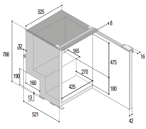 Schéma dimensionnel et cotes d'encastrement du Vitrifrigo C115i CHR