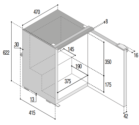 Schéma dimensionnel et cotes d'encastrement du Vitrifrigo C60i CHR gris
