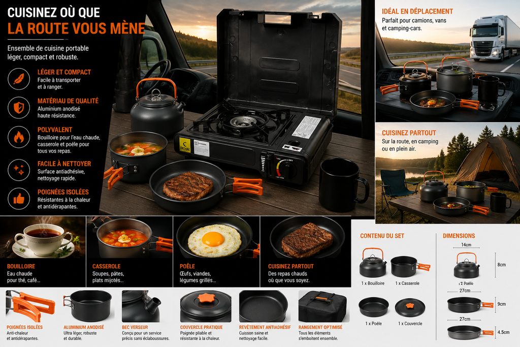 Réchaud à Gaz Portable avec Kit Cuisine 4 Pièces