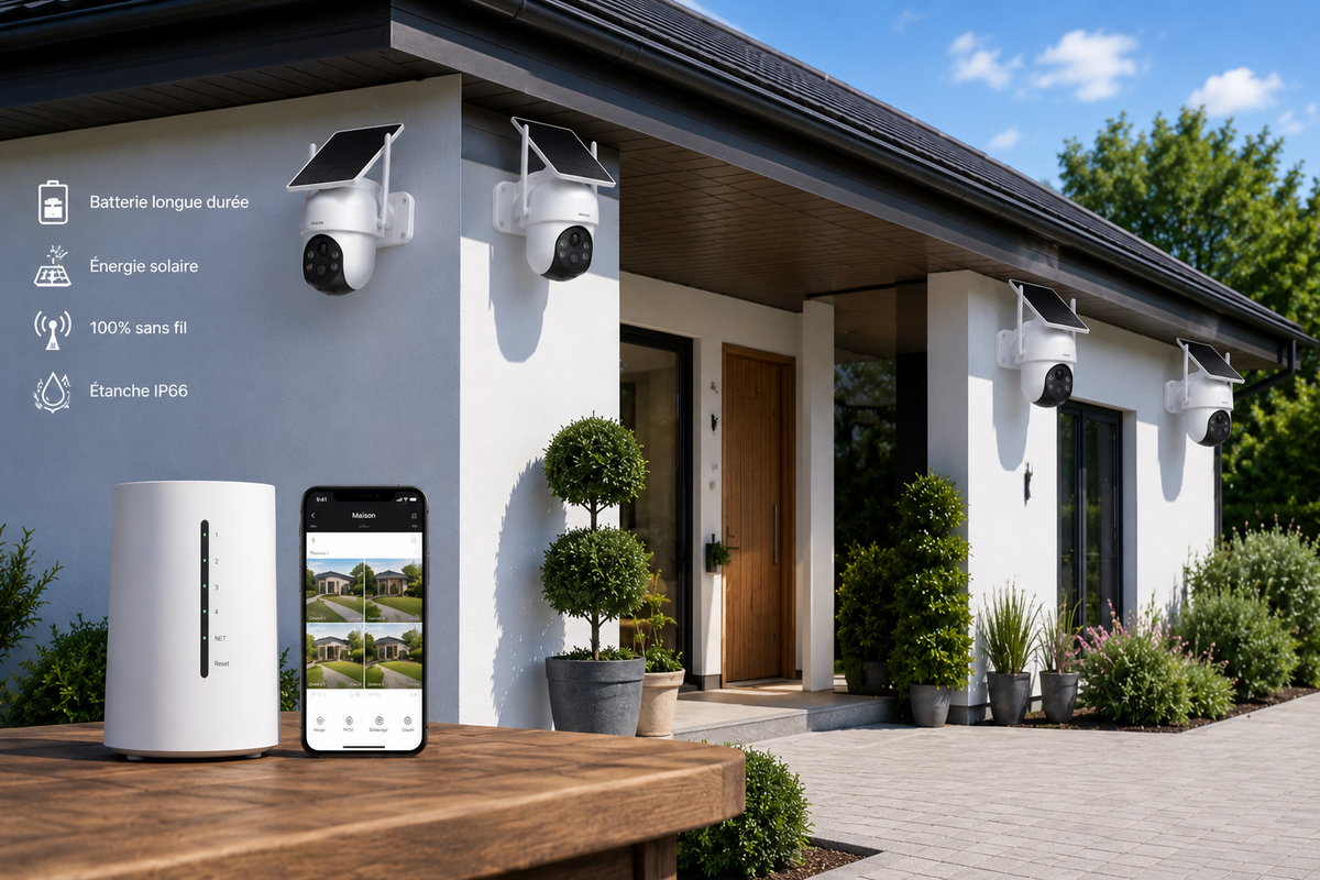 Pack de 4 Caméras de Surveillance Solaires WiFi Extérieures HD Sans Fil