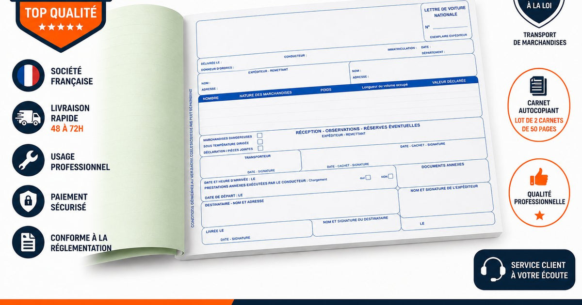 Lot de 2 Carnets de Lettre de Voiture Nationale Petit Format 50 x 4 Feuillets