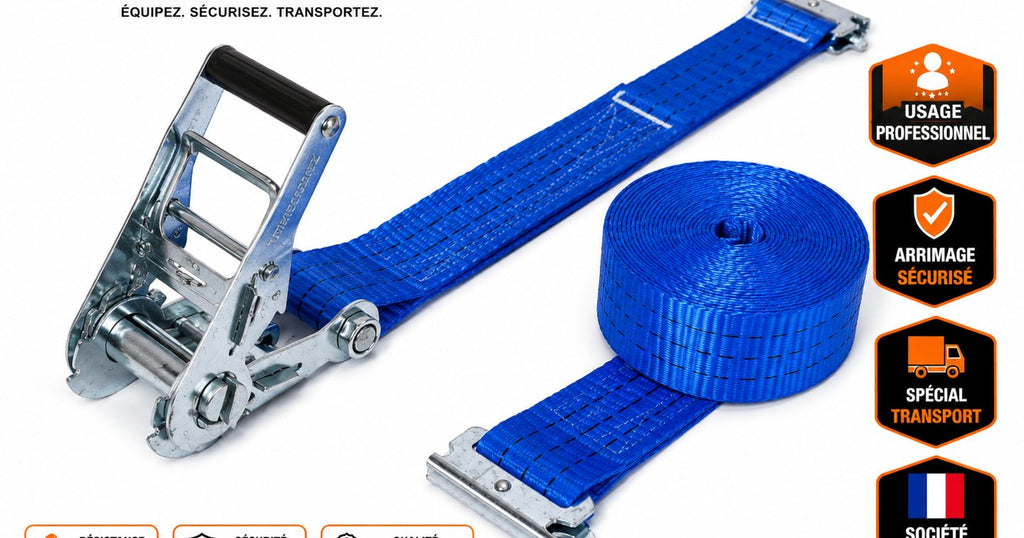 Sangle d'arrimage 2 T longueur 3.5 m et 50 mm d'épaisseur en 2 pièces avec attaches à poussoir