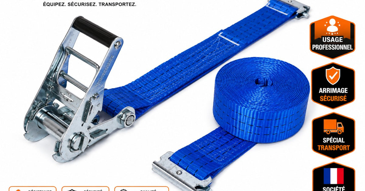 Sangle d'arrimage 2 T longueur 3.5 m et 50 mm d'épaisseur en 2 pièces avec attaches à poussoir