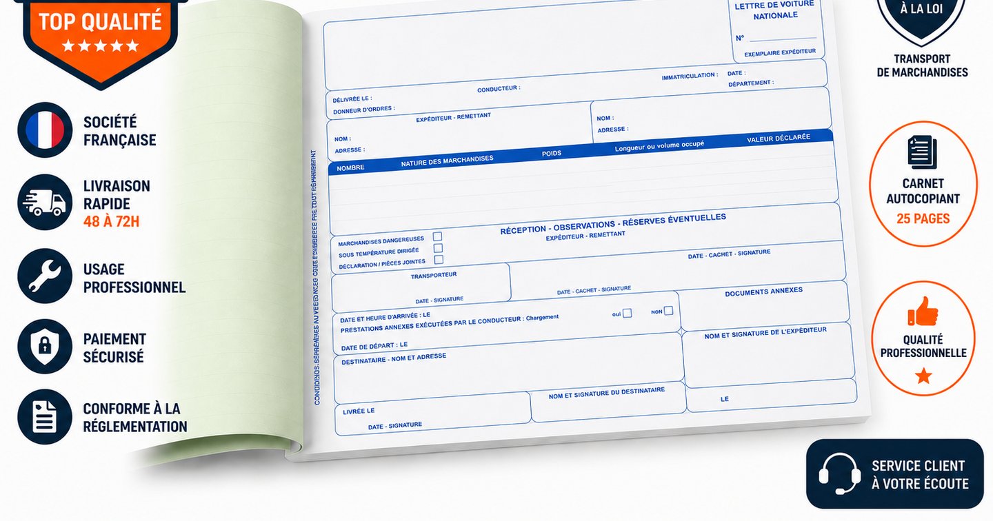 Lettre de Voiture Nationale Petit Format 25 x 4 Feuillets Autocopiants