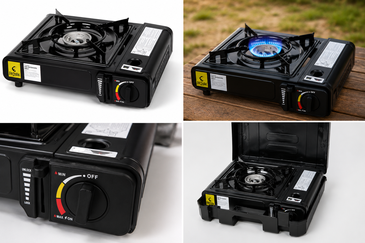Réchaud à Gaz Portable avec Kit Cuisine 4 Pièces