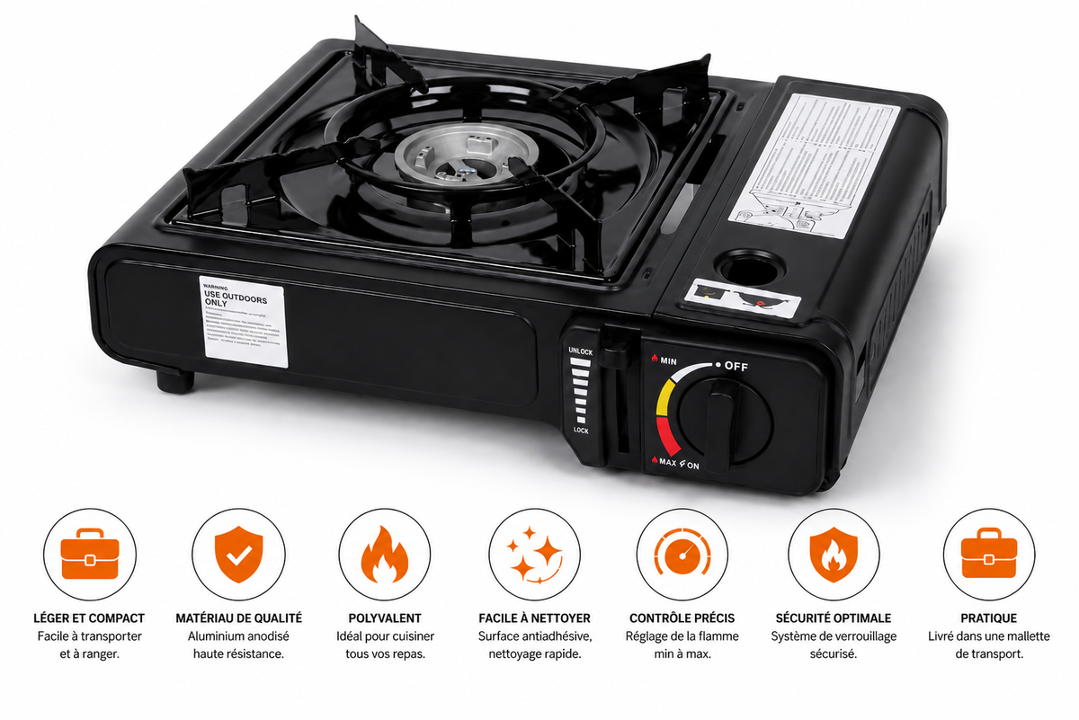 Réchaud à Gaz Portable avec Kit Cuisine 4 Pièces